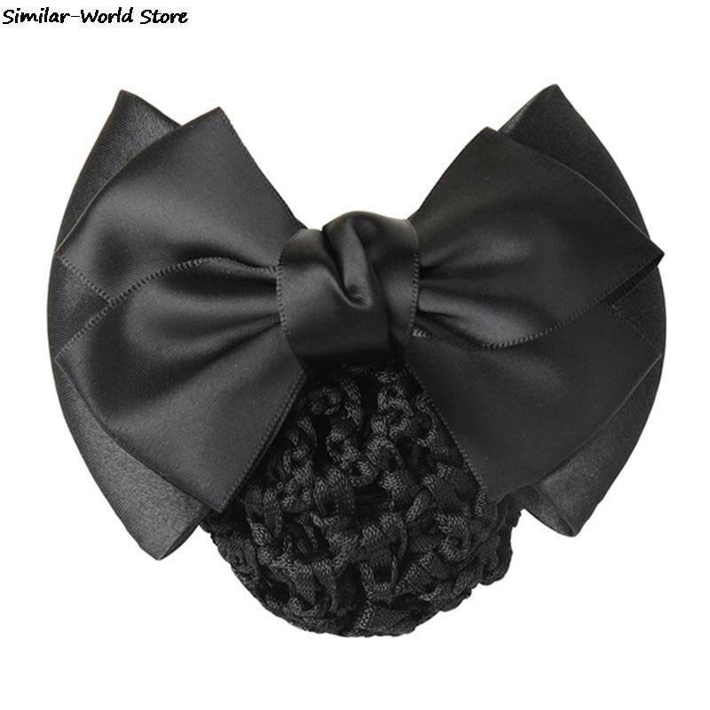 Satin Bow Rhinestone Barrette Lady Hair Clip Cover Bowknot Net Bun Snood