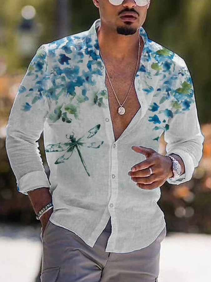 2022 Men's casual printed cotton linen long sleeved shirt