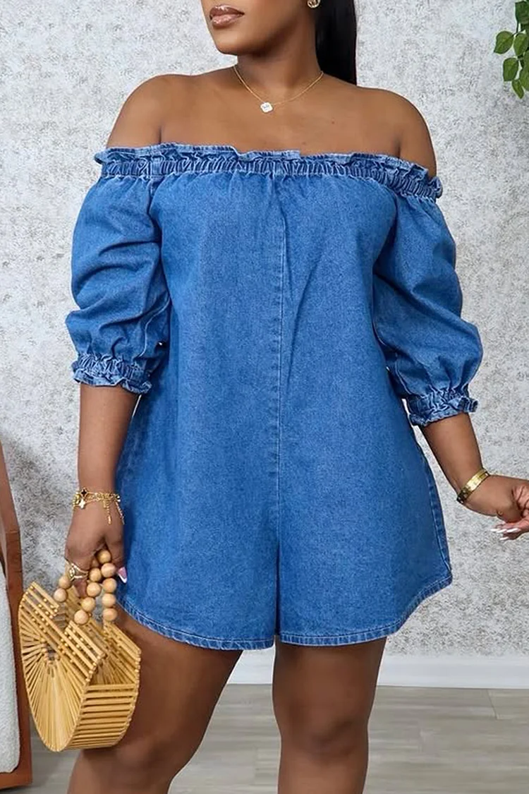 Plus Size Vacation Blue Casual Off The Shoulder Puff Sleeve Half Sleeve Pocket Denim Rompers [Pre-Order] 2024 - Xpluswear
