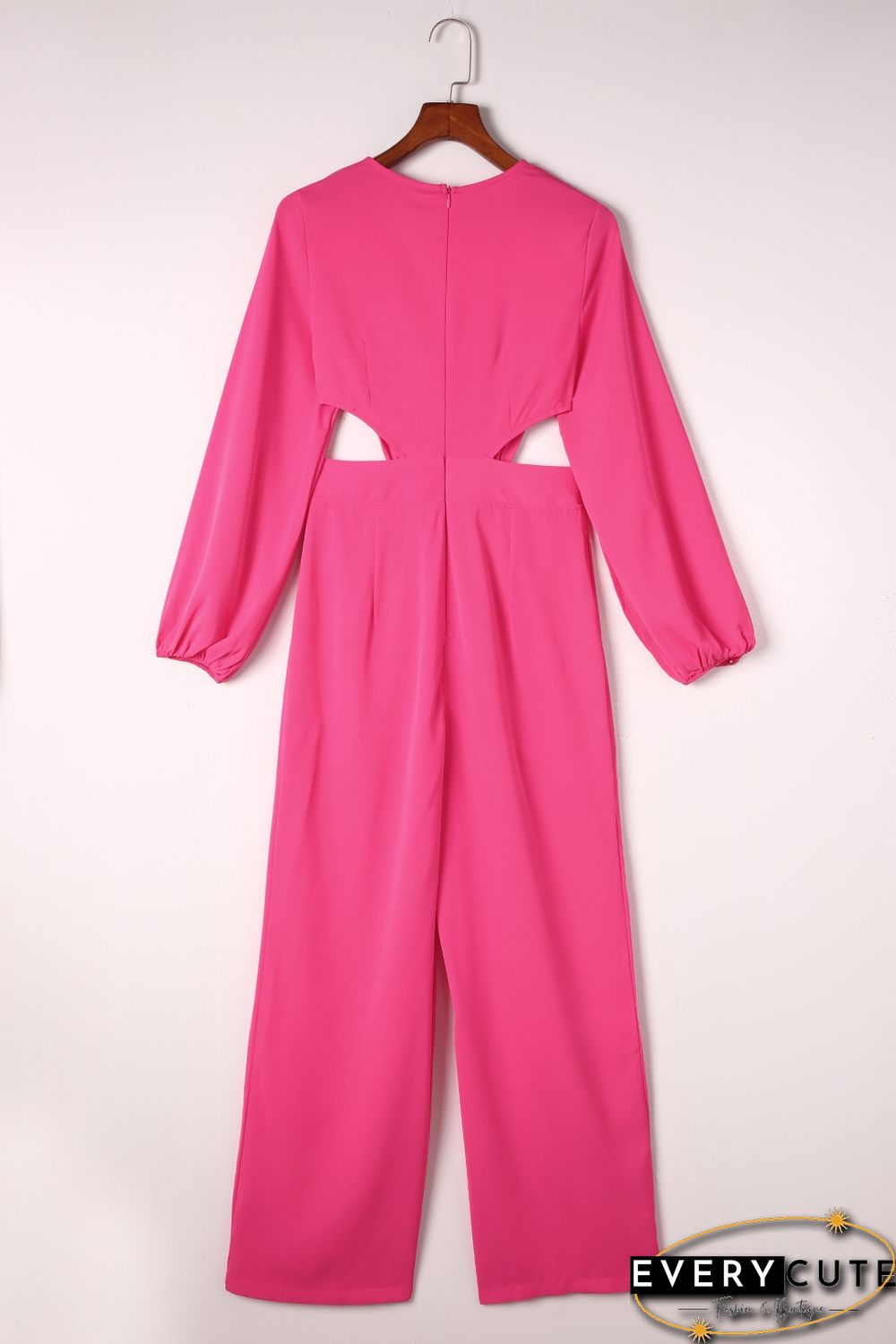 Red V Neck Bubble Sleeve Cut out Waist Wide Leg Jumpsuit