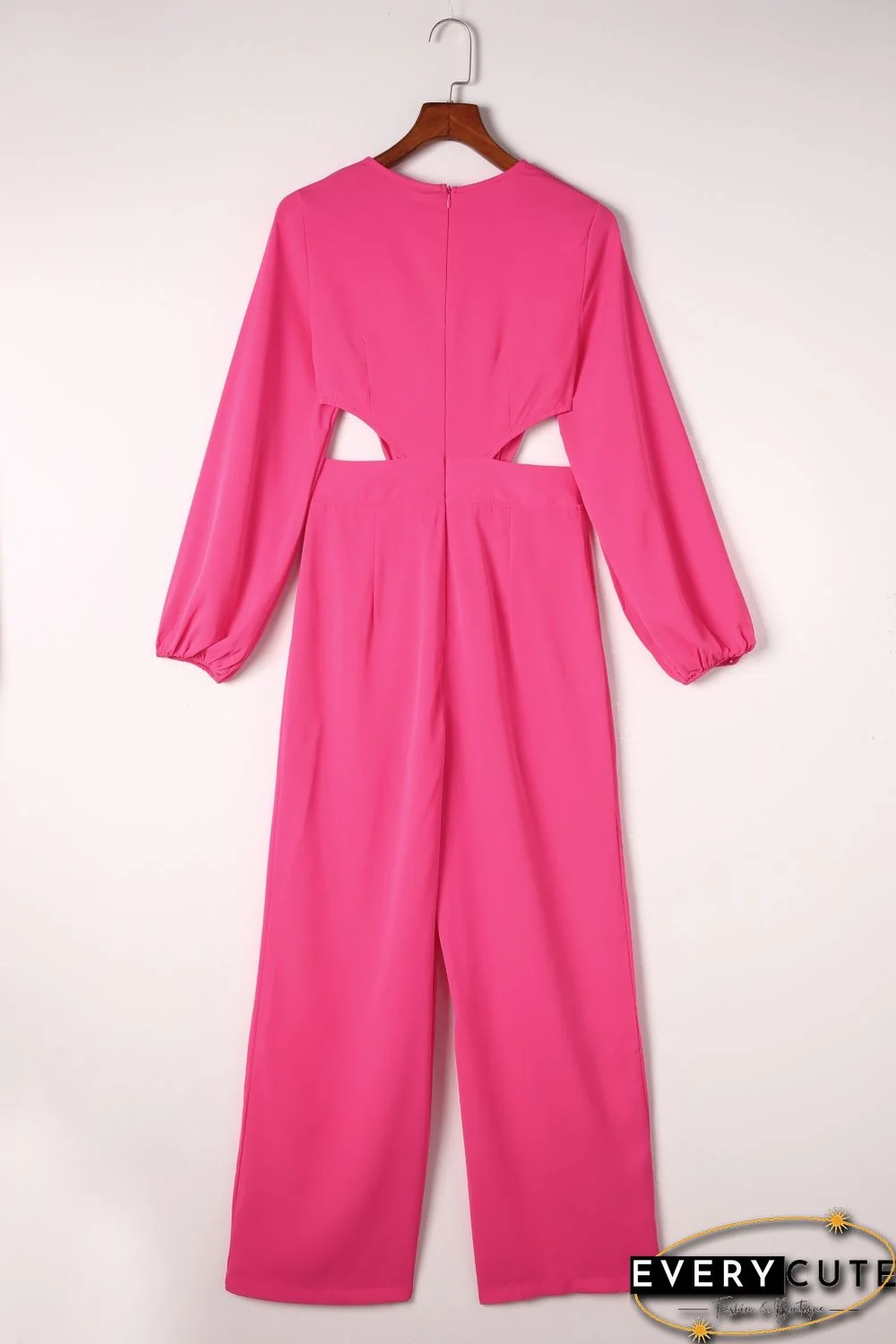 Red V Neck Bubble Sleeve Cut out Waist Wide Leg Jumpsuit