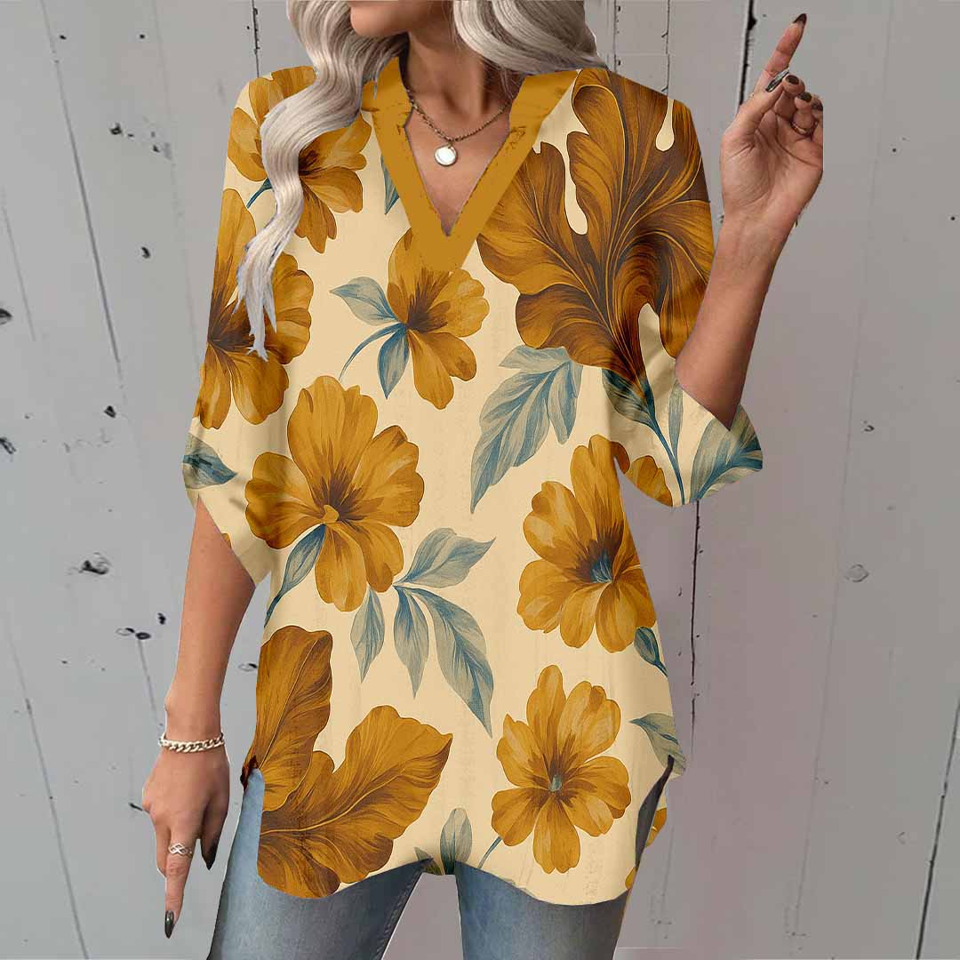 Women Floral, Yellow, Blue DZGA0214 3/4 Sleeve V-neck Printed Graphic Button Tops