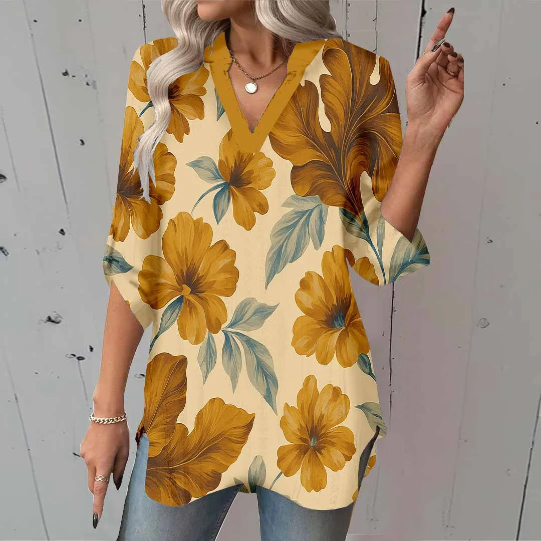 Women Floral, Yellow, Blue DZGA0214 3/4 Sleeve V-neck Printed Graphic Button Tops