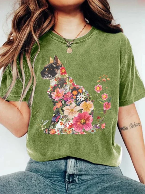 Women's Cute flower kitten Print T-shirt