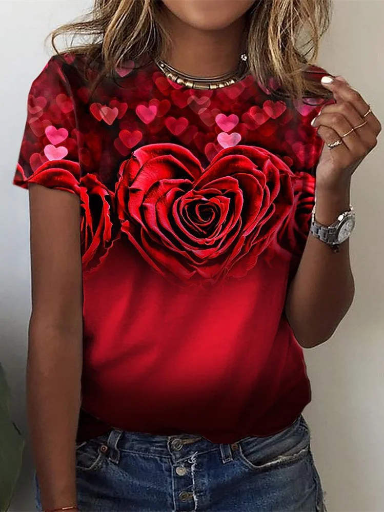 Women's Rose Print Loose Round Neck Short Sleeve T-Shirt