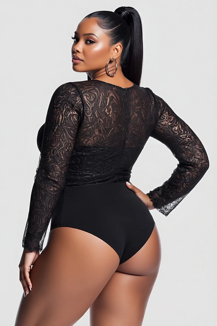 Xpluswear Design Plus Size Party Black Round Neck Long Sleeve Contrast See Through Lace Bodysuits [Pre-Order]