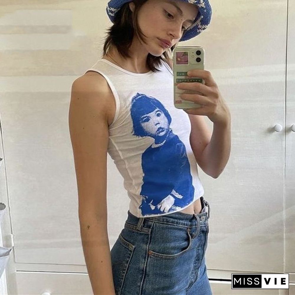 Women Trendy Portrait Letter Printed Tank Tops Summer Vest Female Round Neck Sleeveless Slim Fit Crop Tops