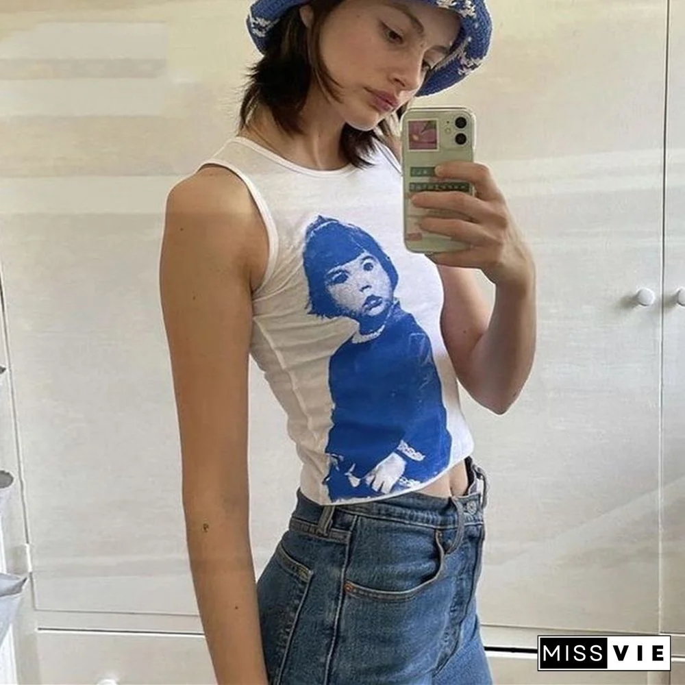 Women Trendy Portrait Letter Printed Tank Tops Summer Vest Female Round Neck Sleeveless Slim Fit Crop Tops