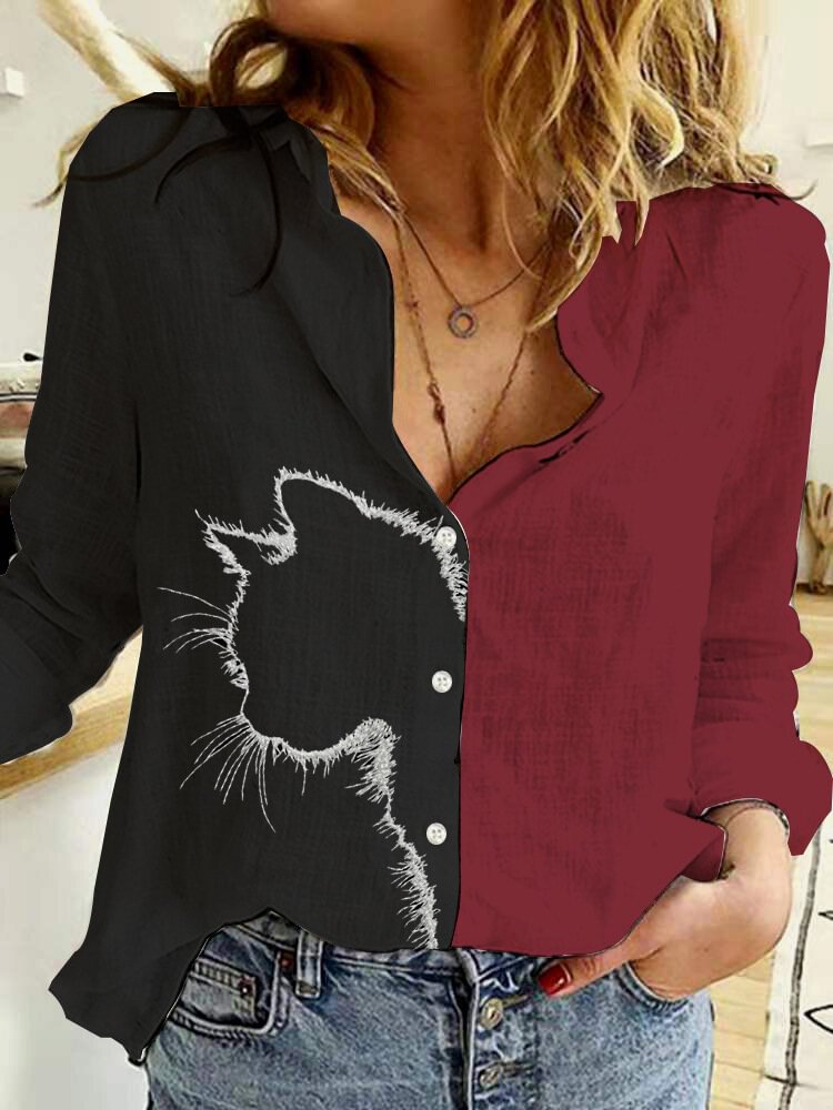 Cat Moon Printed Long Sleeve Lapel Collar Patchwork Blouse For Women P1779077