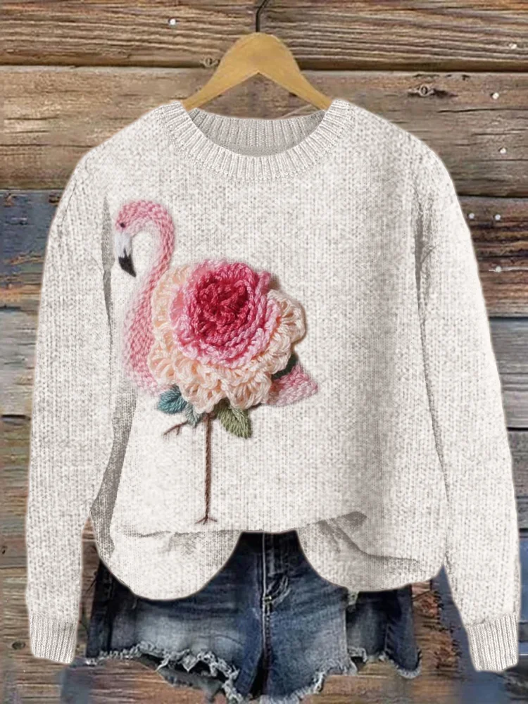 VChics Flamingo Rose Crochet Art Cozy Knit Sweater