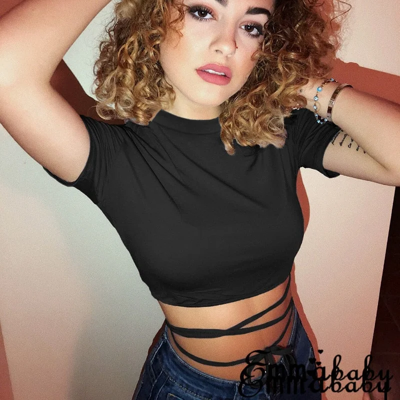 2020 Summer Women Black Short T-Shirts Sexy Crop Tops Short Sleeve Bandage Tee Tops Female Shirts