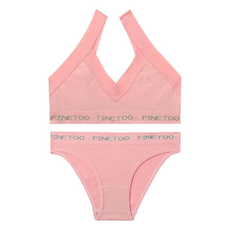 FINETOO Seamless Bra Set Women Deep V Tops Fashion Letter Panties M-XL Ladies Underwear Suit Tube Top Female Briefs Lingerie Set