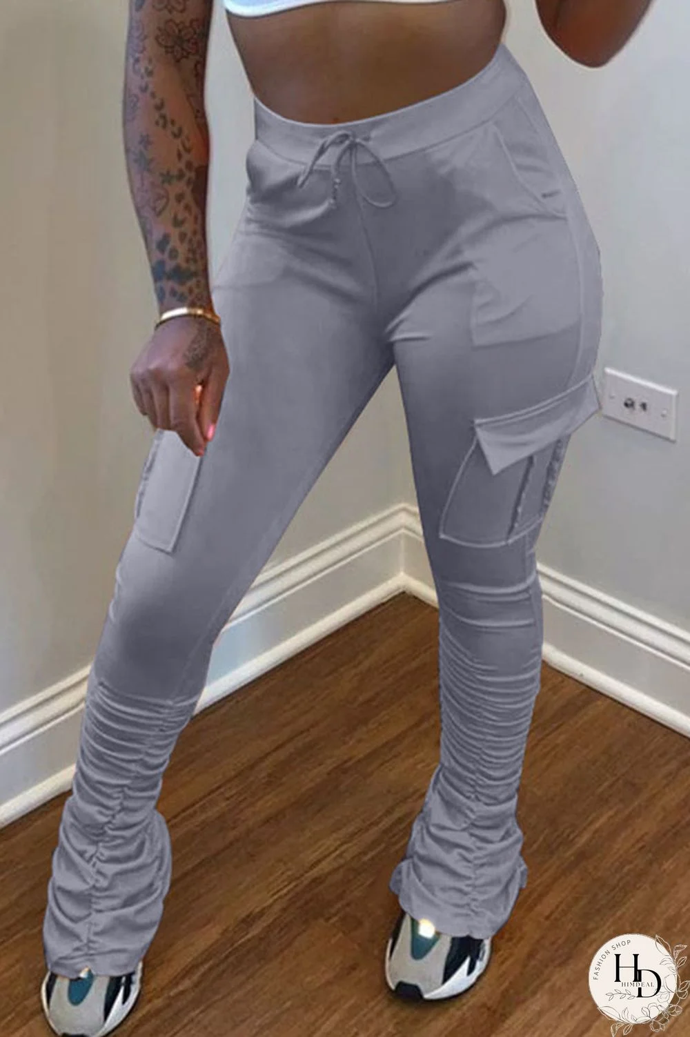 Yellow Drawstring High Solid Pocket Draped Boot Cut Pants Bottoms