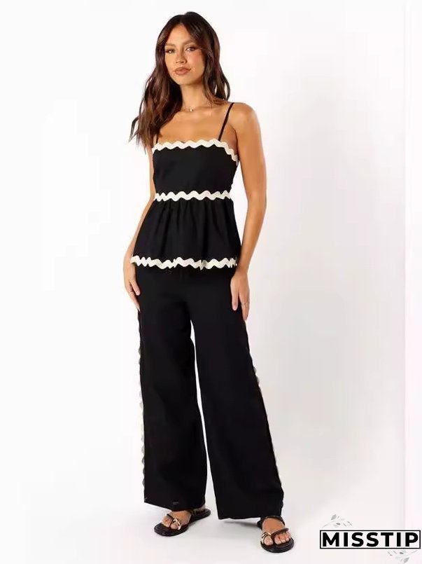 Women's Fashionable Lace Solid Color Strap Casual Women's Two Piece Pants Set