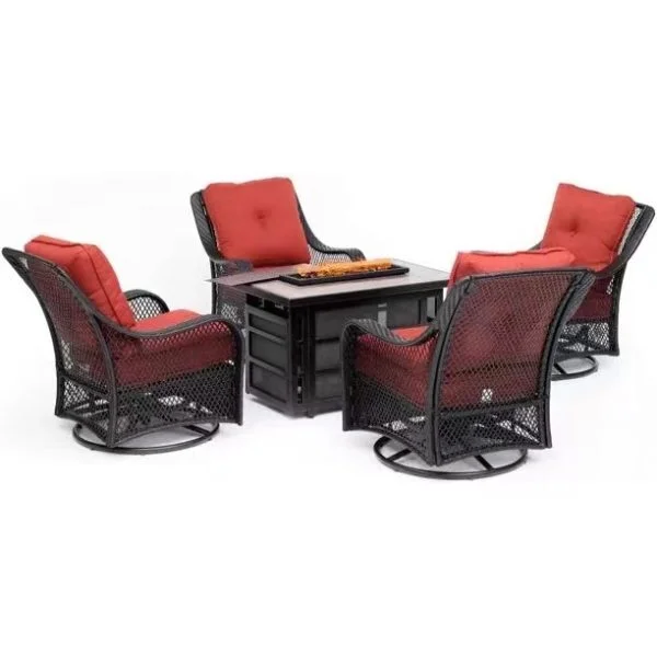 🔥kukelife🔥Docenin™5-Piece Steel Patio Fire Pit Conversation Set with Navy Blue Cushions, Swivel Gliders and Square Fire Pit Table