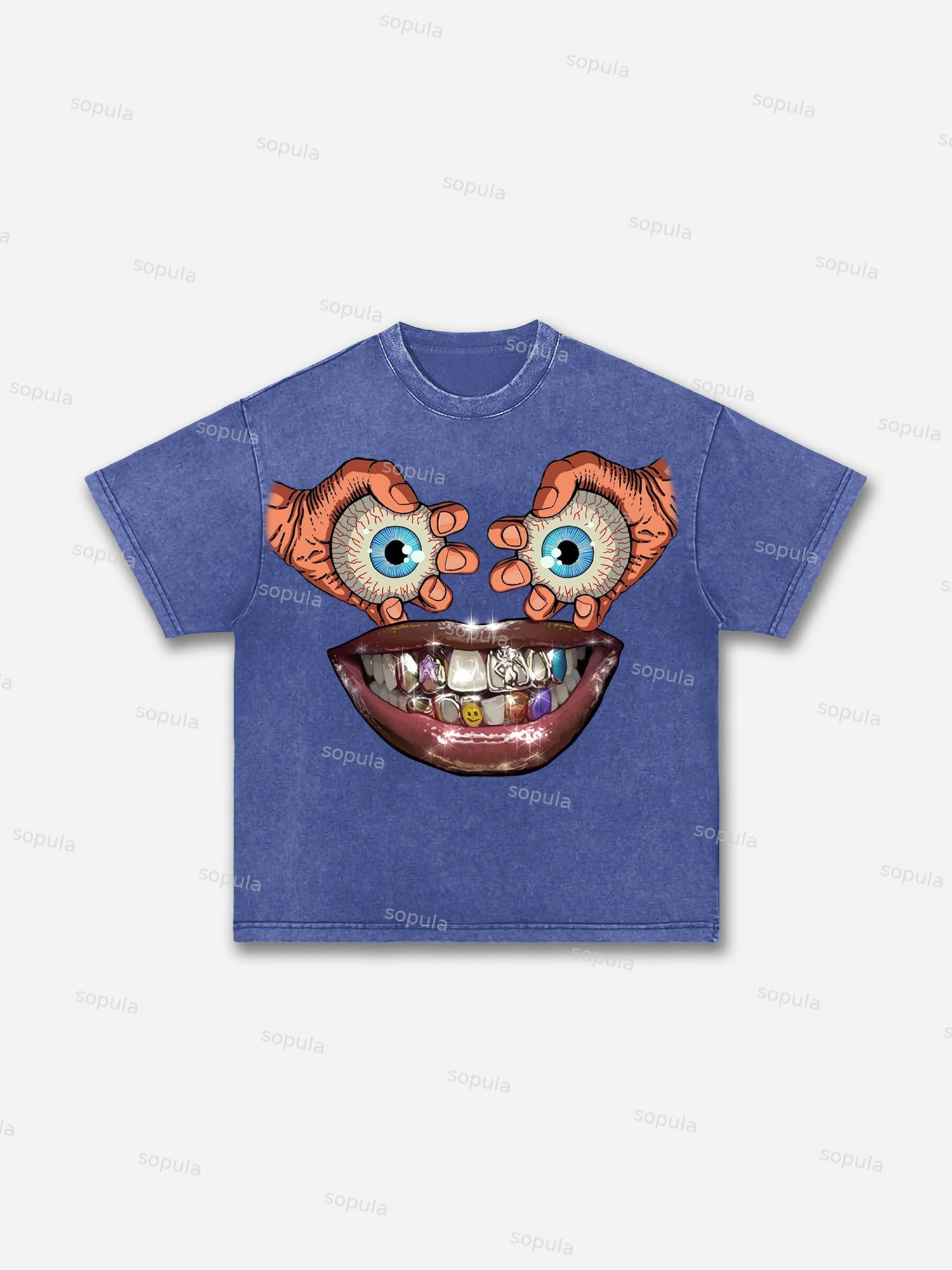 Eyes, Lips, Braces Retro Cartoon Graphic Acid Wash T-shirt - Sopula｜Premium Graphic Tees & Graphic Clothing