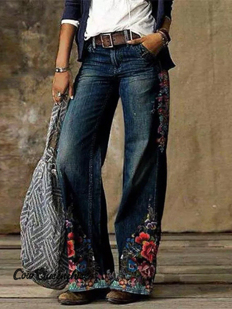 Women’s Blue Floral Casual Print Pants 01 / S