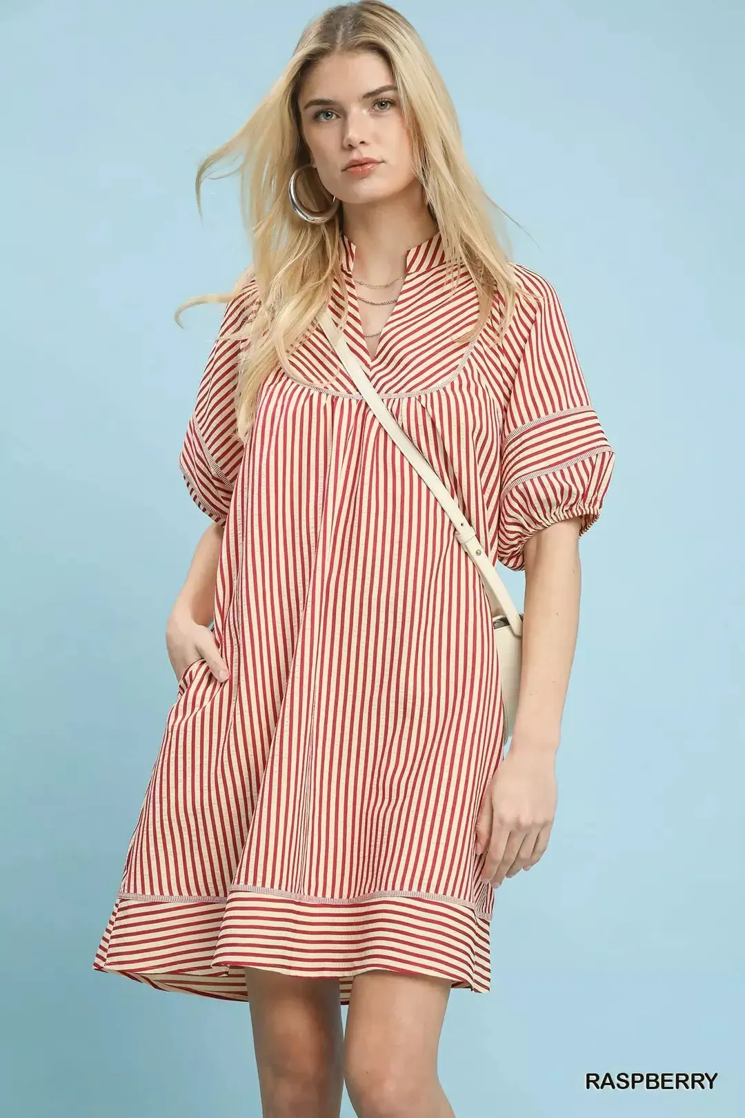 Umgee Striped Puff Sleeve Shift Dress mysite idetrend