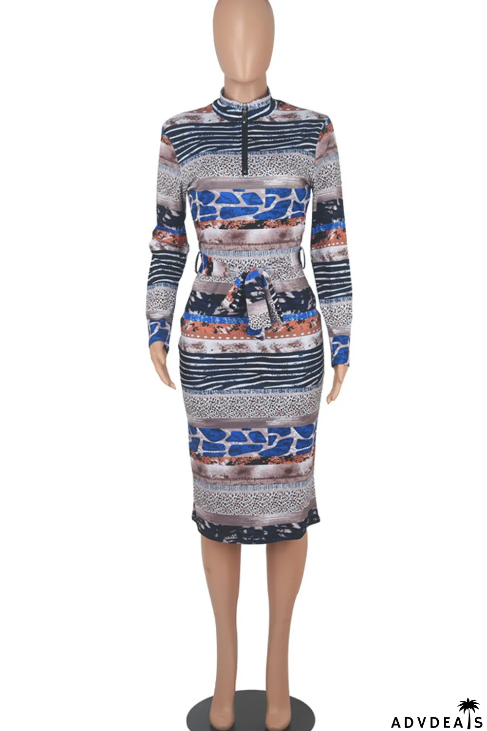 Yellow Blue Casual Print Patchwork With Belt Zipper Collar One Step Skirt Dresses