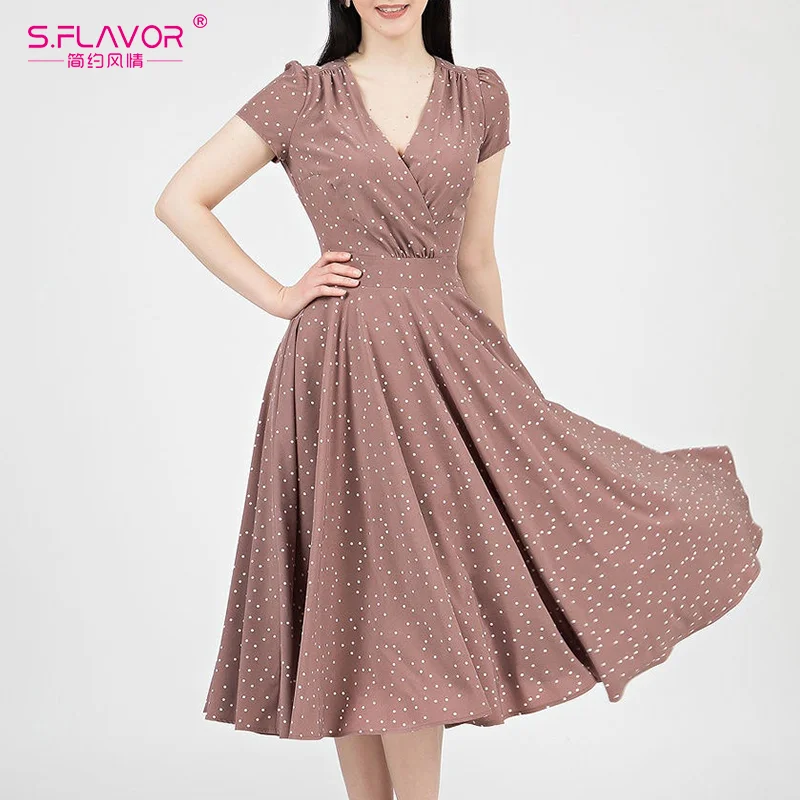 Jangj S.FLAVOR New Casual Polka Dot Print Mid Dress Women V Neck Short Sleeve A Line Summer Dresses Vintage Party Vestidos Robe Female