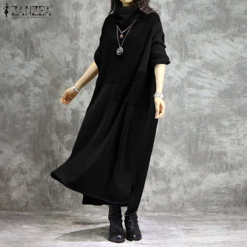 ZANZEA Women Turtleneck Long Sleeve Sweatshirts Dress Casual h Fluffy Patchwork Long Dress Autumn Vintage Vestido Sundress