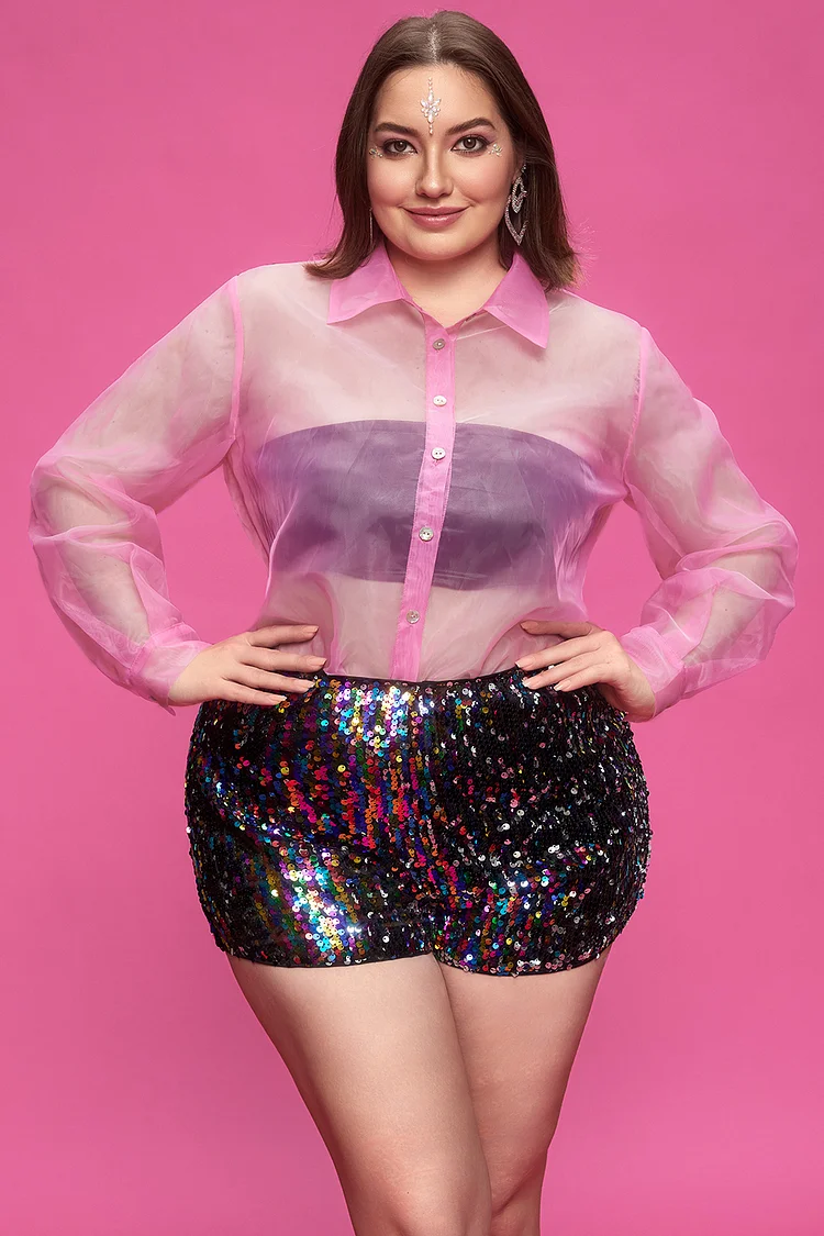 Xpluswear Design Plus Size Party Pink Shirt Collar Lantern Sleeve See Through Sequin Two Piece Short Sets [Pre-Order]