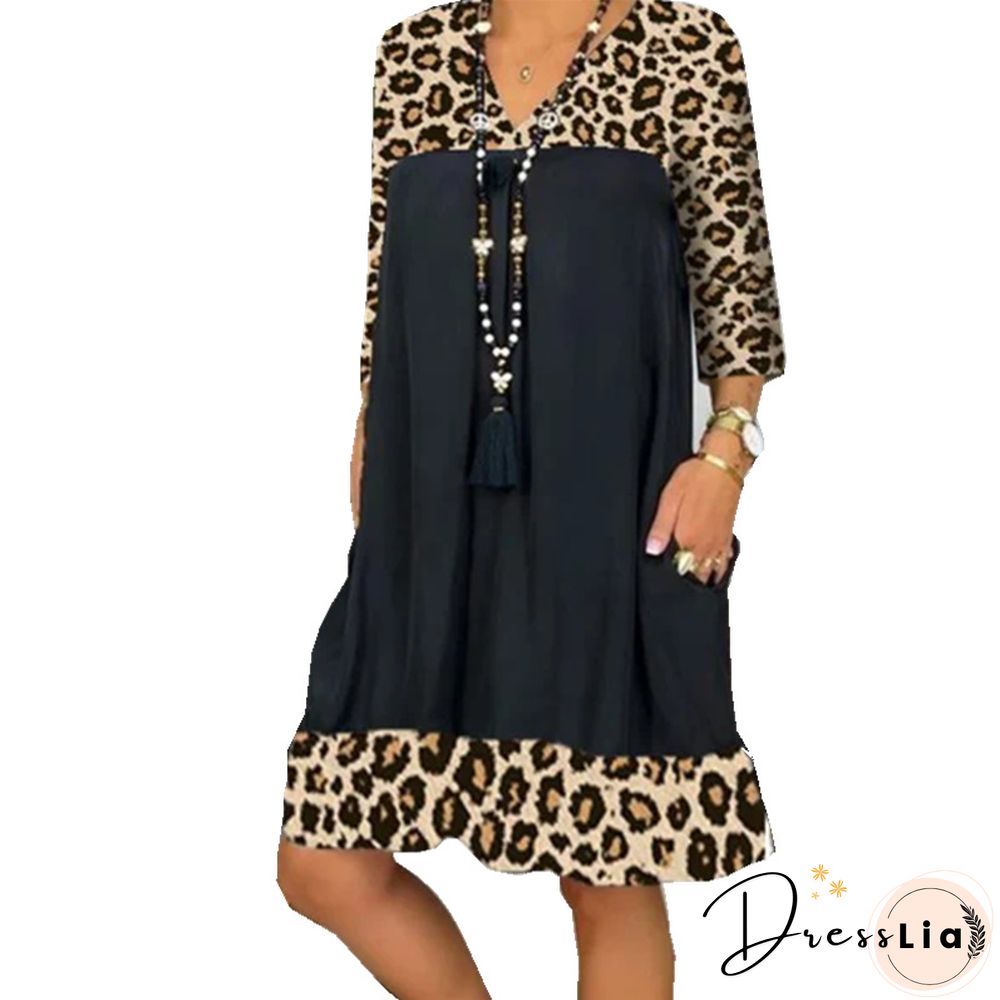 Fashion Leopard Print Stitching Loose Plus Size Dress Black Dresses