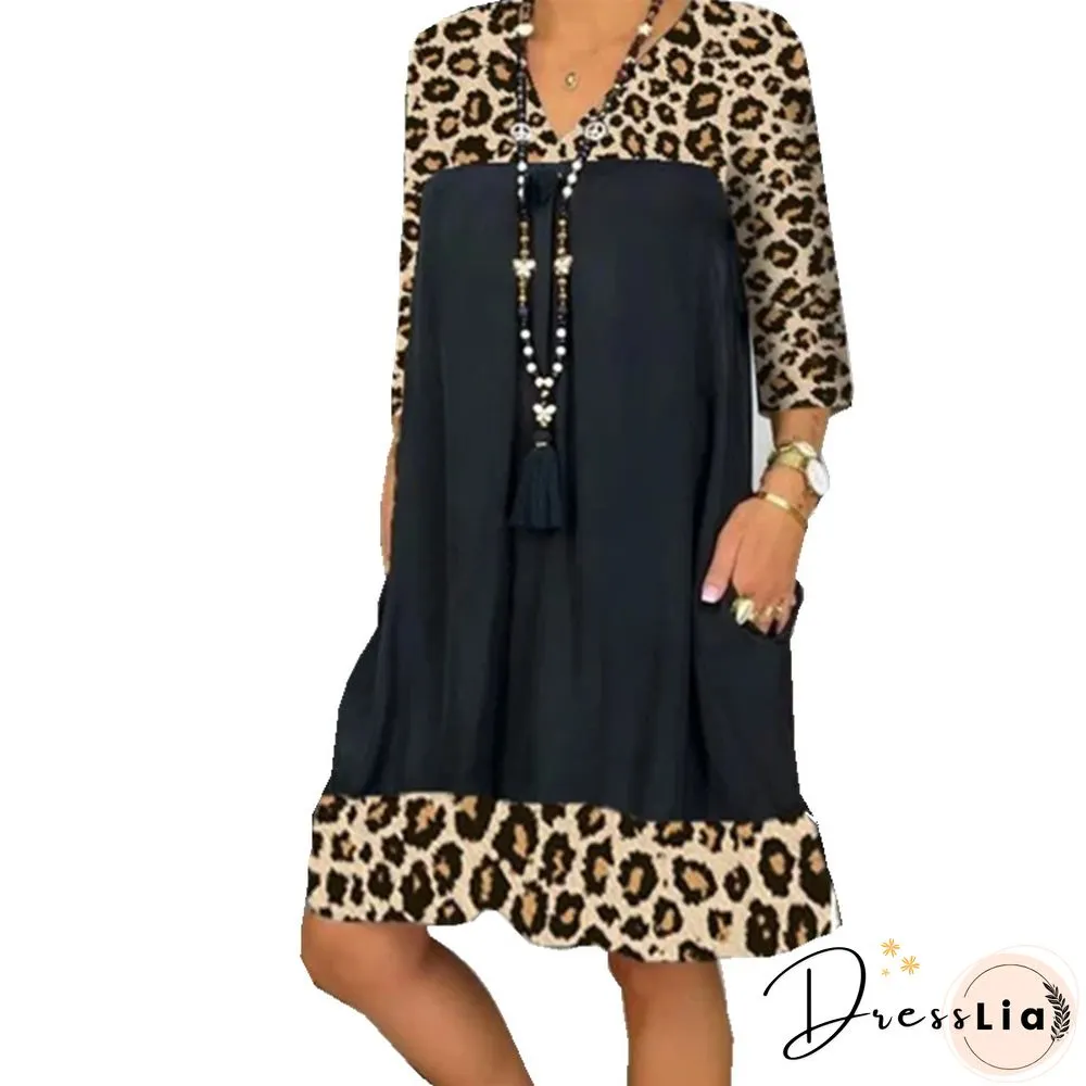 Fashion Leopard Print Stitching Loose Plus Size Dress Black Dresses