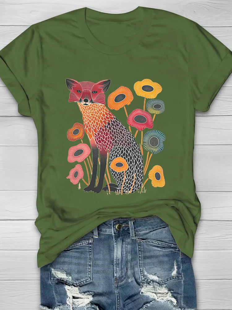 Cute Fox With Flowers Printed Crew Neck Women's T-shirt
