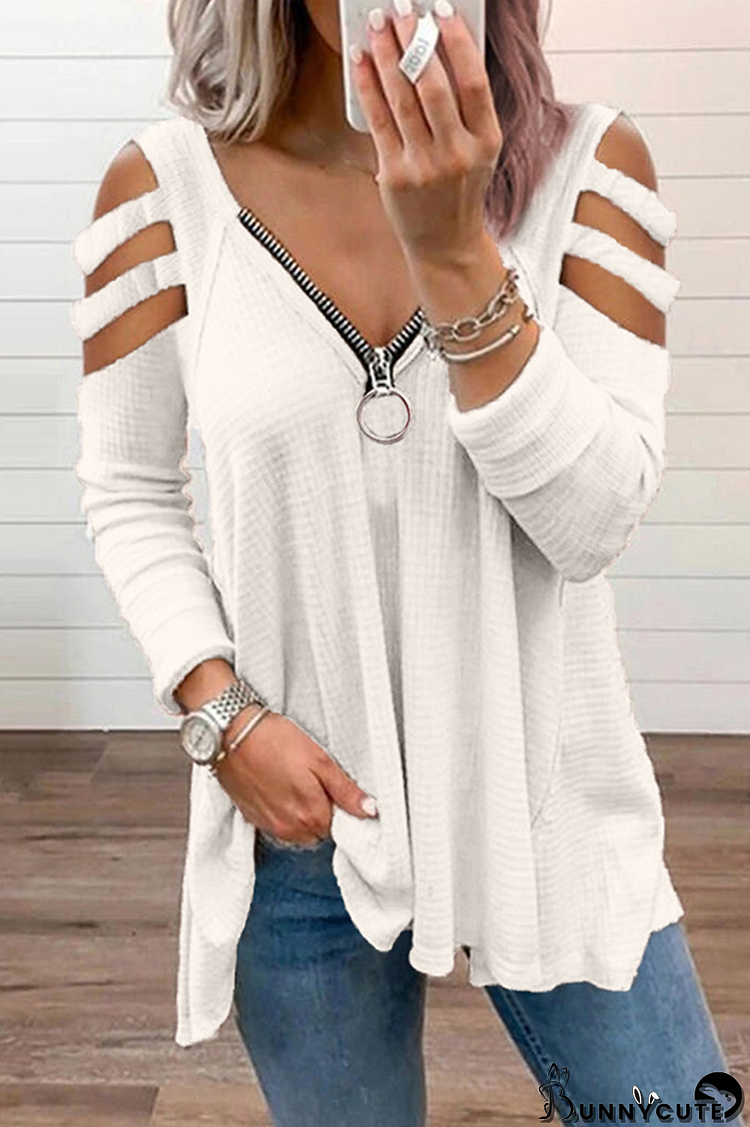 Casual Solid Hollowed Out Zipper V Neck Tops