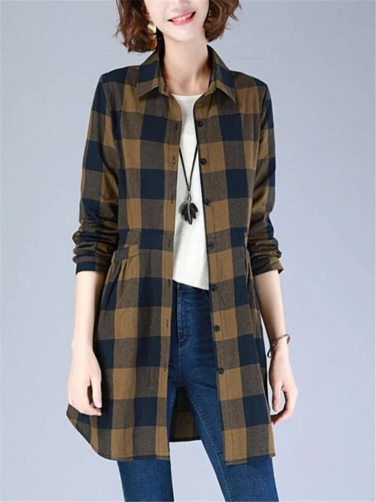 Cotton Long Blouses Women's Shirts Plaid Lapel OL Tunic Button Pocket Loose Female Shirtdress Mid-length Casual Tops Women Shirt