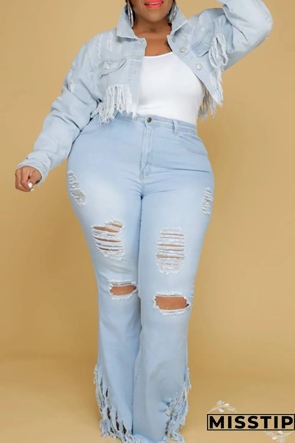 Dark Blue Sexy Solid Ripped Plus Size Jeans