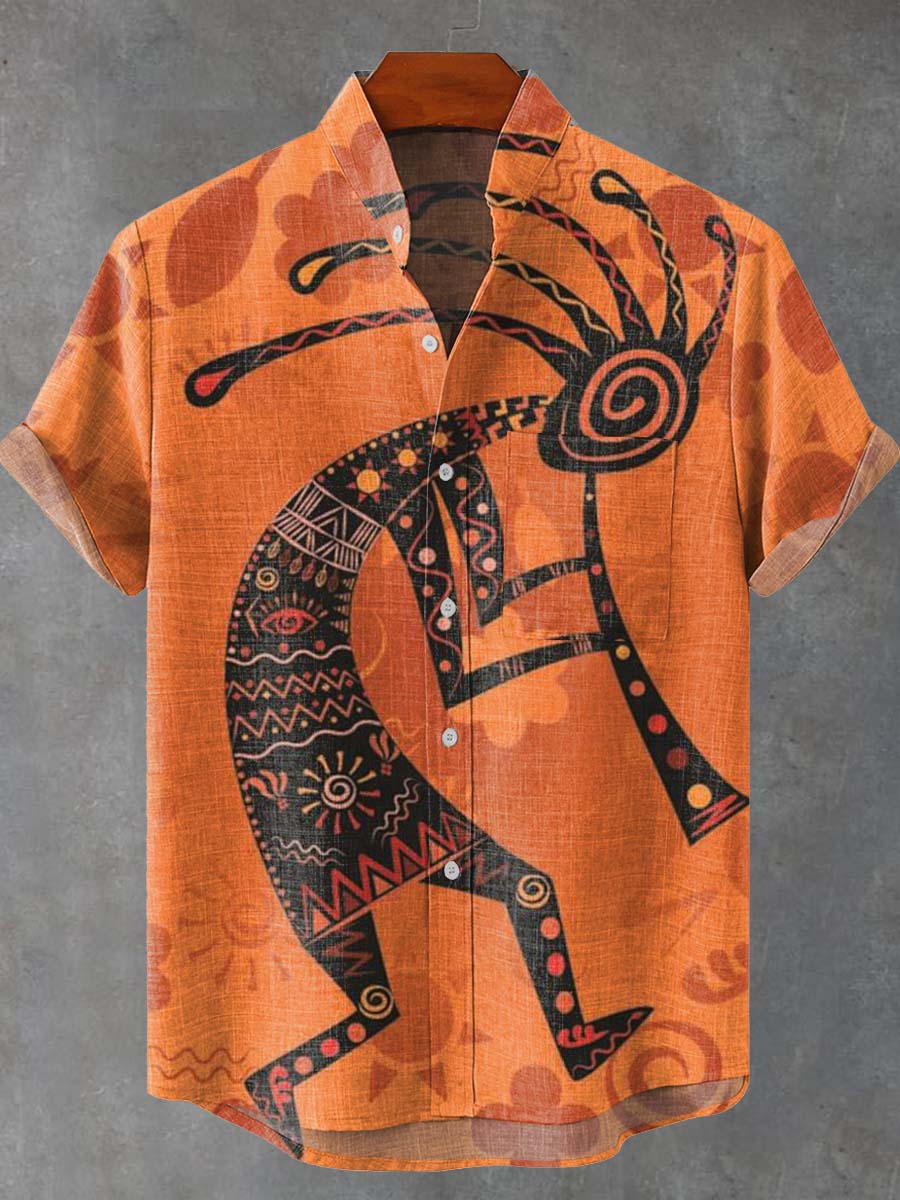 African Art Abstract Figures Vintage Print Casual 100% Cotton Shirt