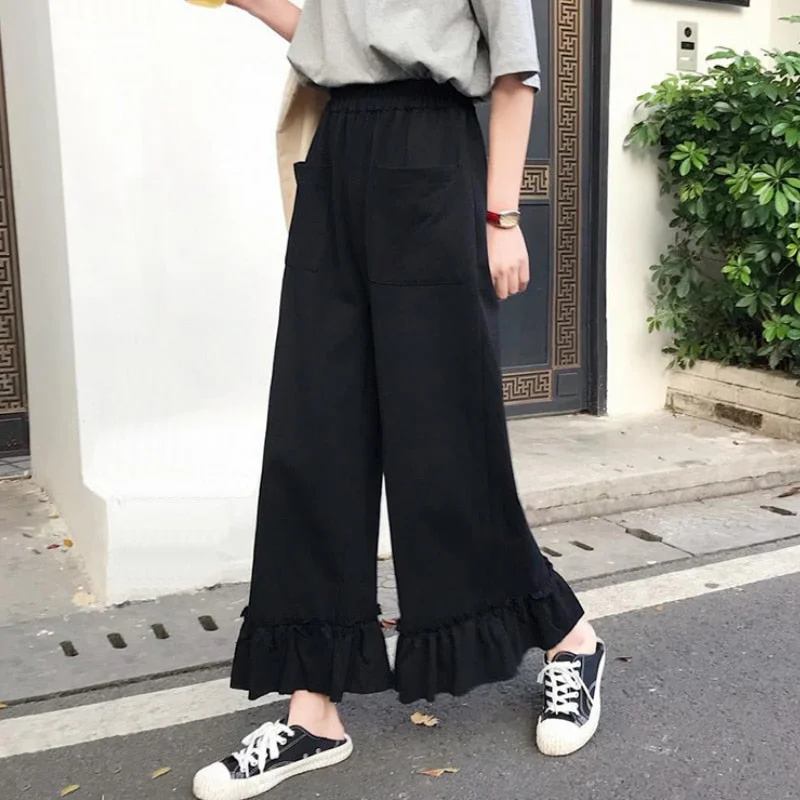 Wide Leg Pants Women Solid Pleated Ruffle Leisure Elegant Simple Ankle-length Trousers Womens Loose Sweet Ins Streetwear Ulzzang