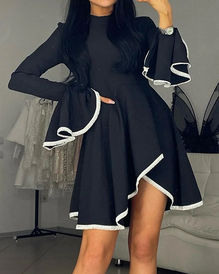 Long-sleeved ruffled lace solid color waist mini dress