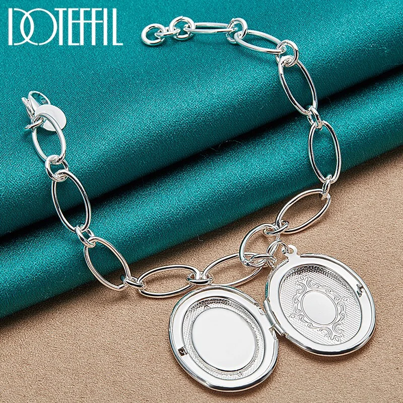 925 Sterling Silver Oval Photo Frame Pendant Bracelet Chain For Women Man Jewelry