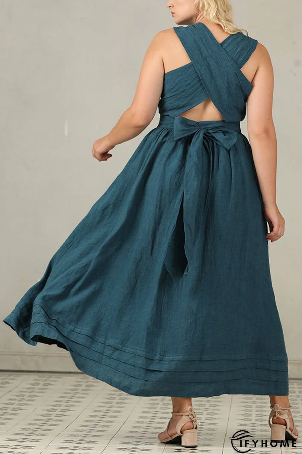 Cross Back O Neck Maxi Linen Dress | IFYHOME