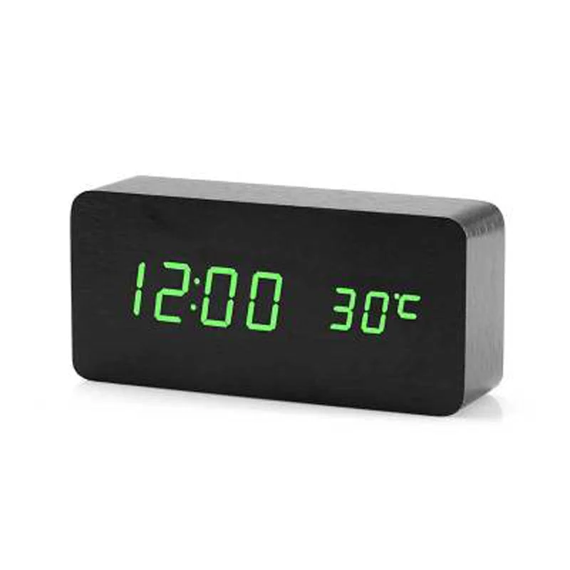 Wooden Digital LED Alarm Clock Voice Control USB/AAA Powered Electronic Table Clock Multifunction Temperature Desk Watch Decor