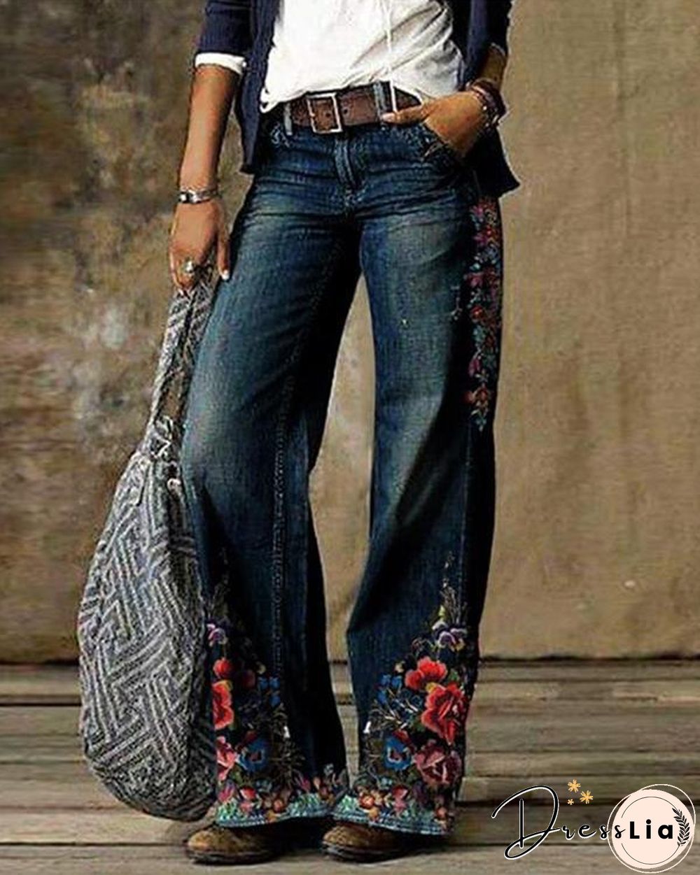 Blue Floral Casual Print Pants