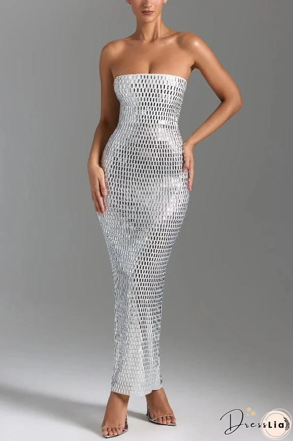 Flash Sculpture Rhinestone Embellished Bandeau Slit Stretch Maxi Dress