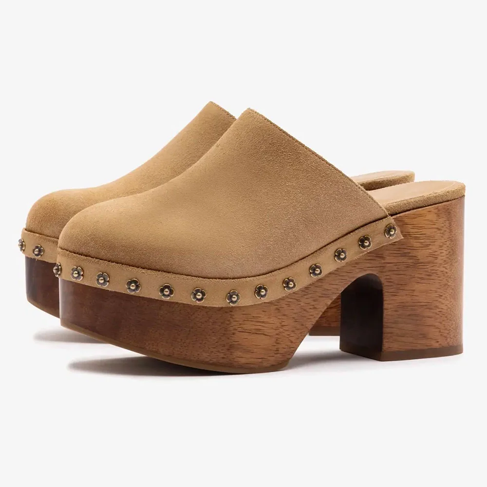 Vegan Suede Closed Round Toe Platform Studded Heeld Mules in Tan