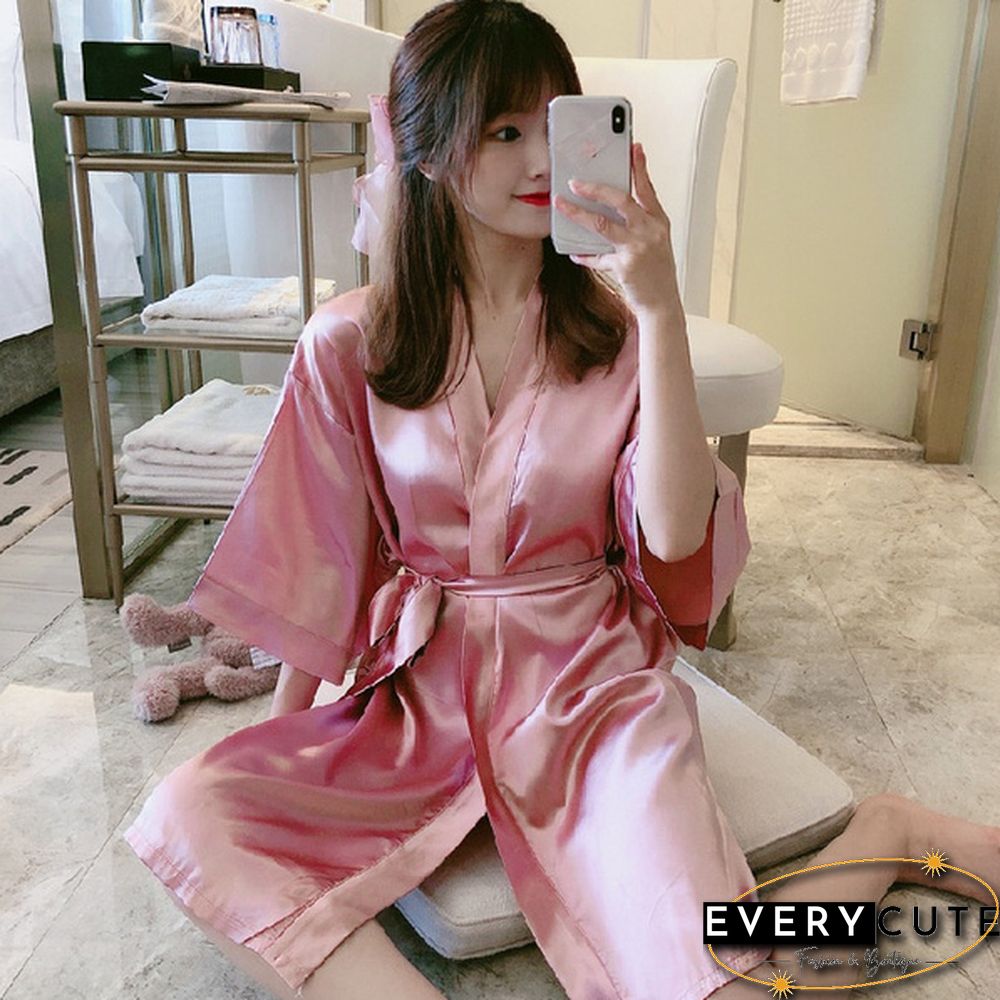 Japanese Robe for Sexy Ladies: Half-Sleeve Ice Silk Mini Night Dress Gown Bathrobe