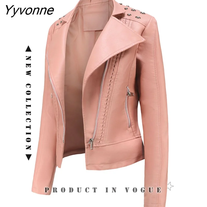 Yyvonne New Women Spring Autumn Leather Jacket Turn Down Collar Long Sleeve Slim Thin Small Coat 