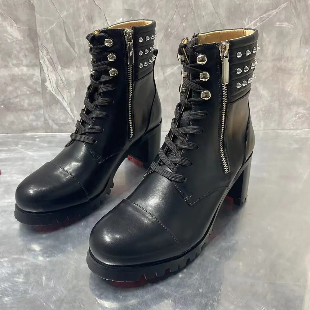 70mm/2.76 inch Women's Zipper Mid-Calf Boots Round Toe Rivet Chunky Heel Red Bottom Boots-vocosishoes
