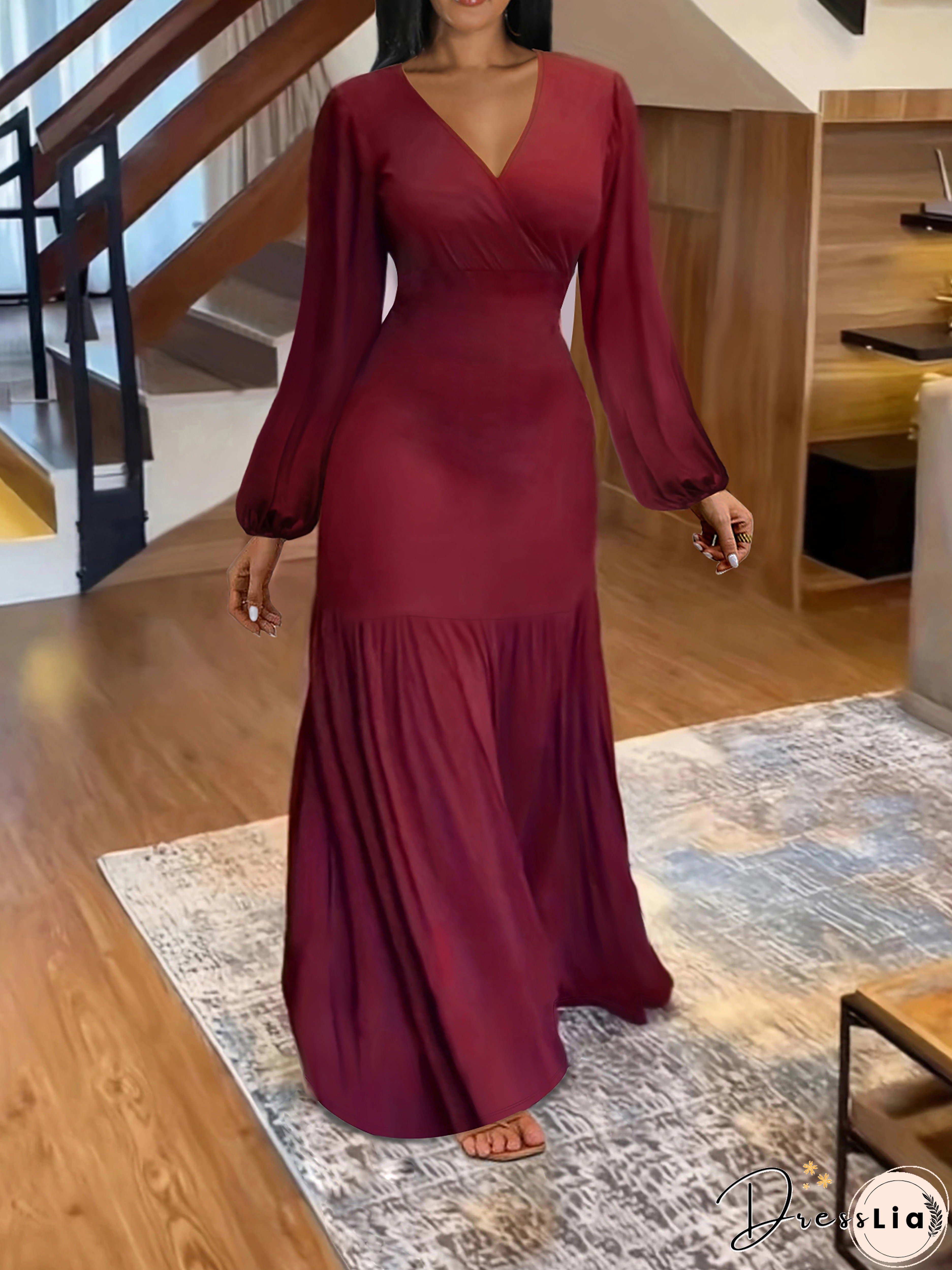 Ruched Solid Dress, Elegant V Neck Lantern Long Sleeve Maxi Party Dress, Women's Clothing