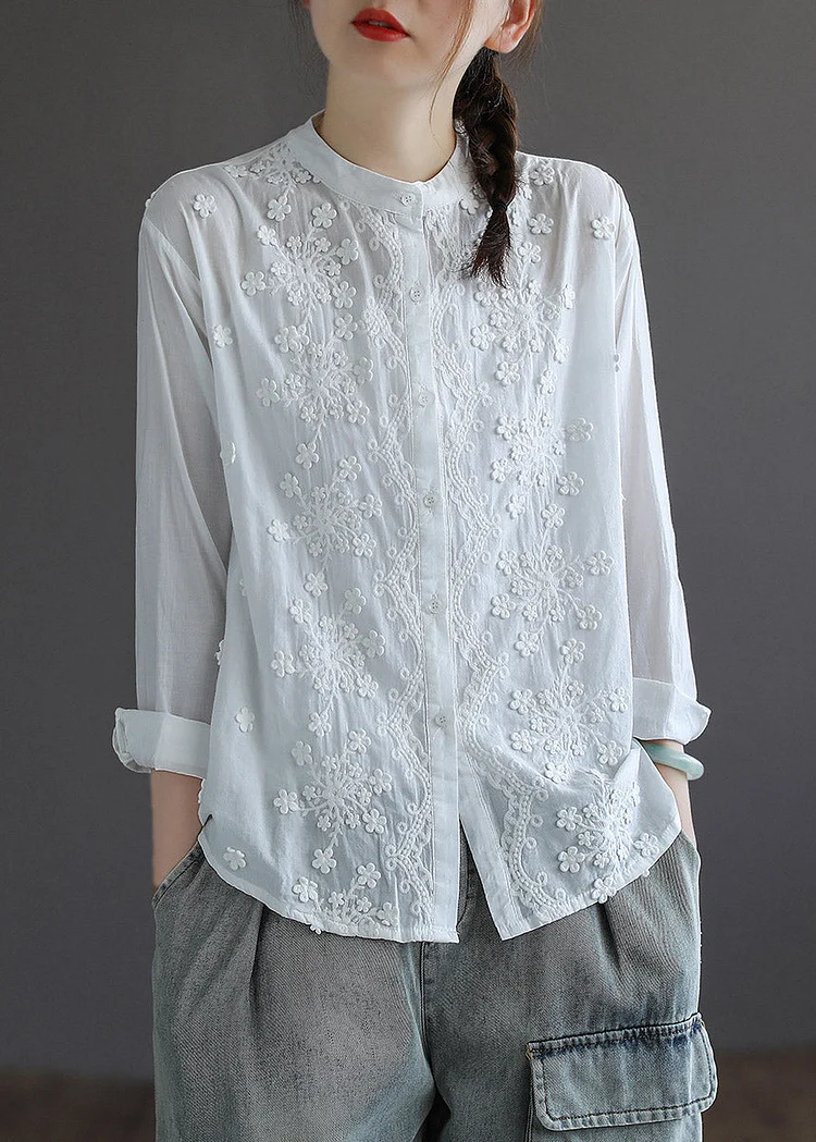 Bohemian White Stand Collar Embroideried Floral Button Solid Cotton Shirt Long Sleeve