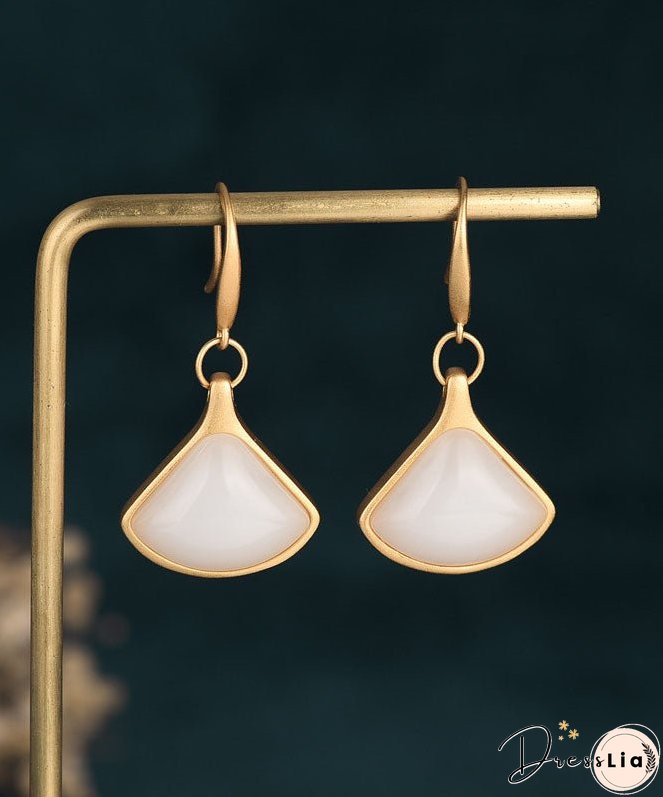 Stylish White Ancient Gold Jade Fan Shaped Drop Earrings