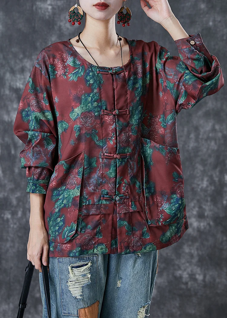 Plus Size Mulberry Chinese Button Floral Print Cotton Shirt Top Fall