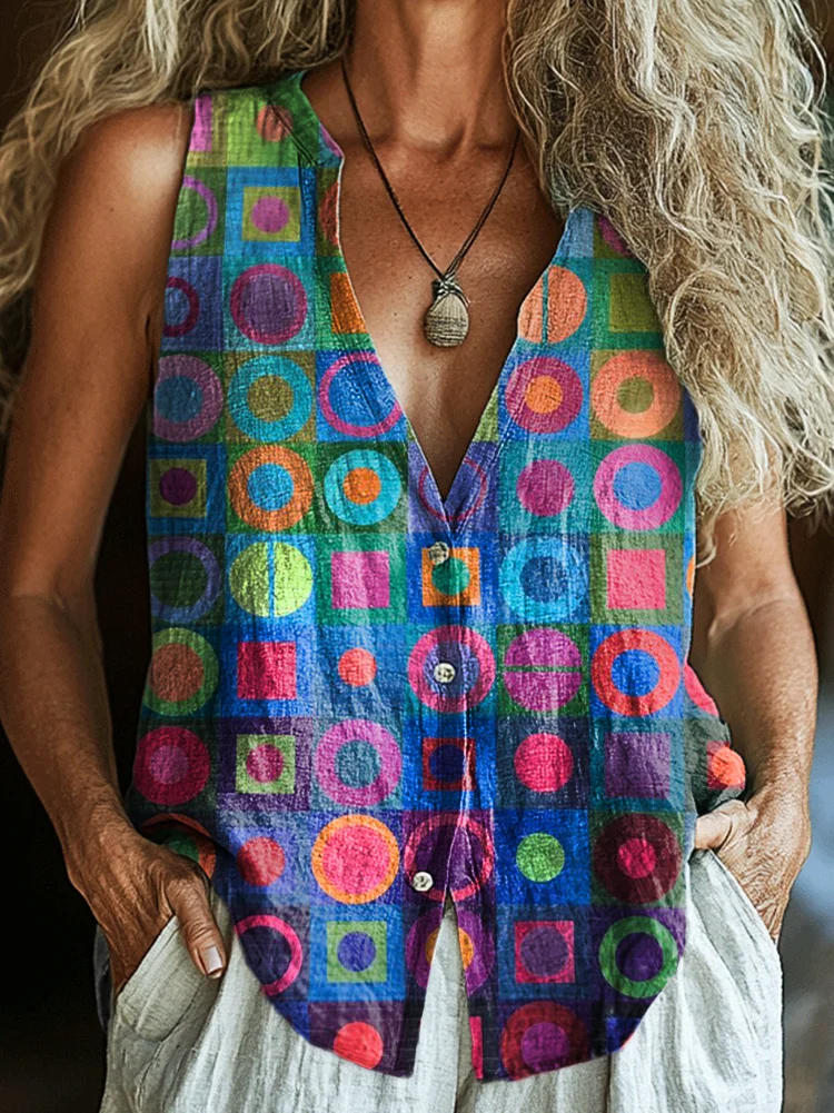 Women's Retro Abstraction Art Print Sleeveless Cotton Shirt