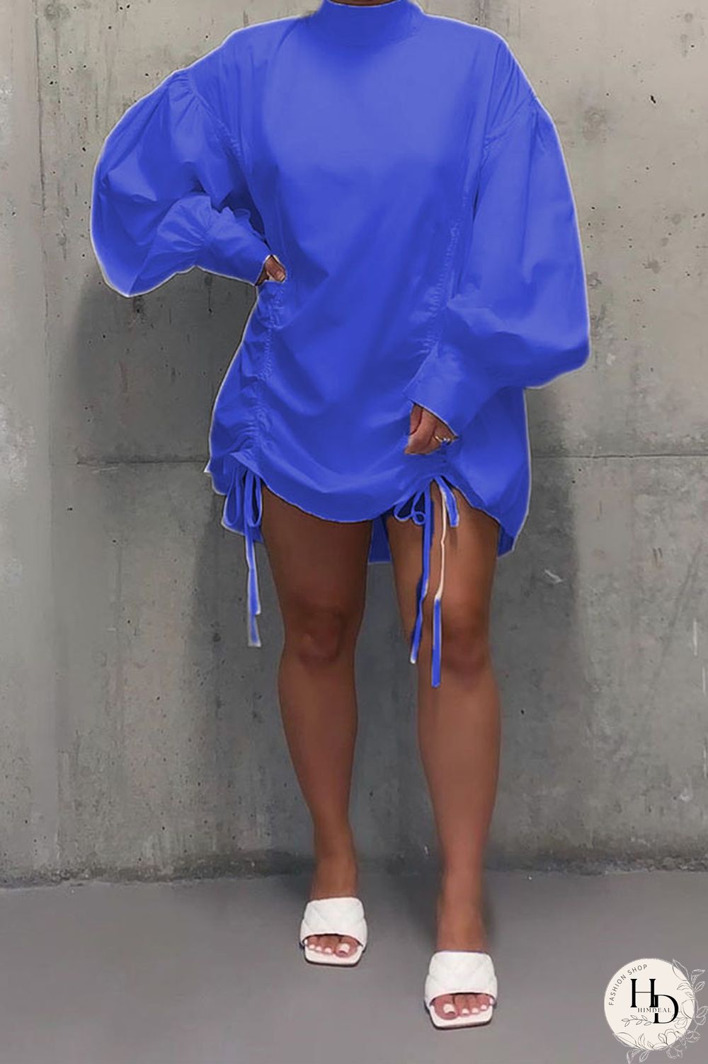 Blue OL lantern sleeve Long Sleeves Mandarin Collar Pleated Mini Print Solid Dresses